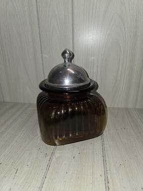 Vintage Artland Ribbed Glass Canister Jar 10” Amber Brown Pewter Lid Apothecary